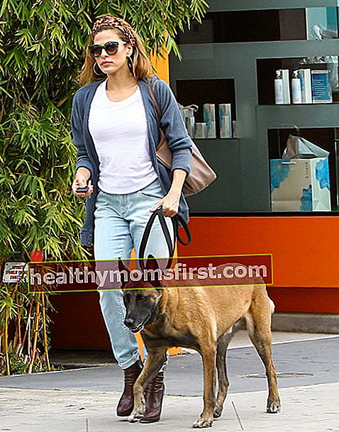 Eva Mendes berjalan-jalan dengan anjing itu