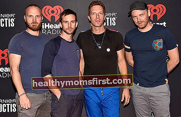 Anggota Coldplay Will Champion, Guy Berryman, Chris Martin dan Jonny Buckland di Festival Musik iHeartRadio 2015