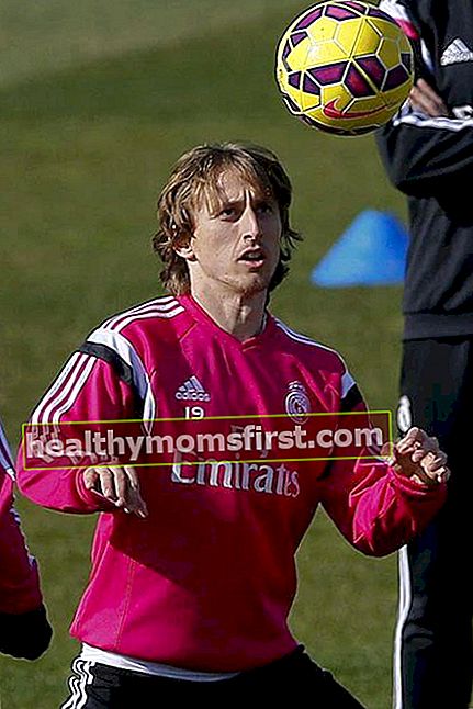 Luka Modric beraksi semasa sesi latihan di tempat latihan Valdebebas pada 20 Februari 2015 di Madrid, Sepanyol