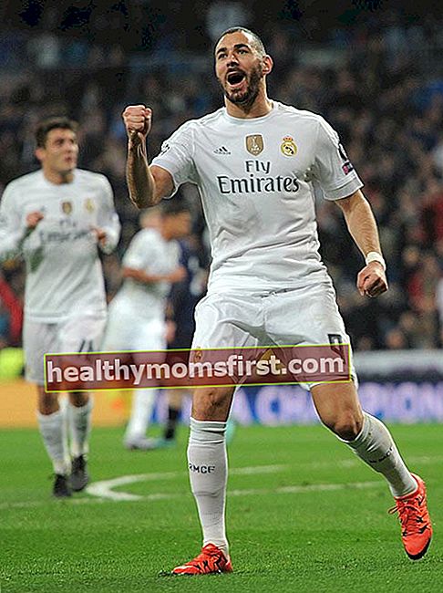 Karim Benzema merayakan gol melawan Malmo FF pada 8 Desember 2015 di Madrid, Spanyol