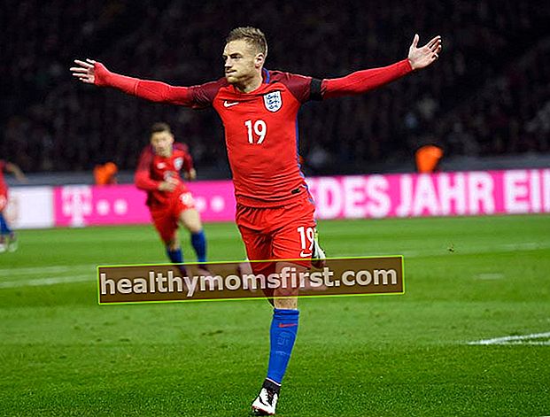 Jamie Vardy merayakan gol pertamanya untuk Inggris pada 26 Maret 2016 melawan Jerman