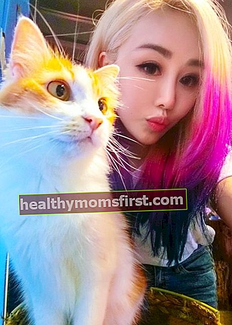 Wengie dalam selfie dengan kucing yang dia temui di Malaysia pada November 2017